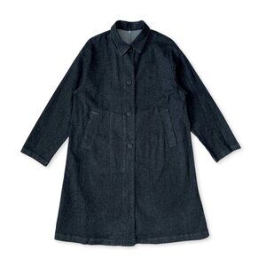 Muji Denim Work Chore Long Jacket Coat Dark Indigo Minimalist Old Money Clean
